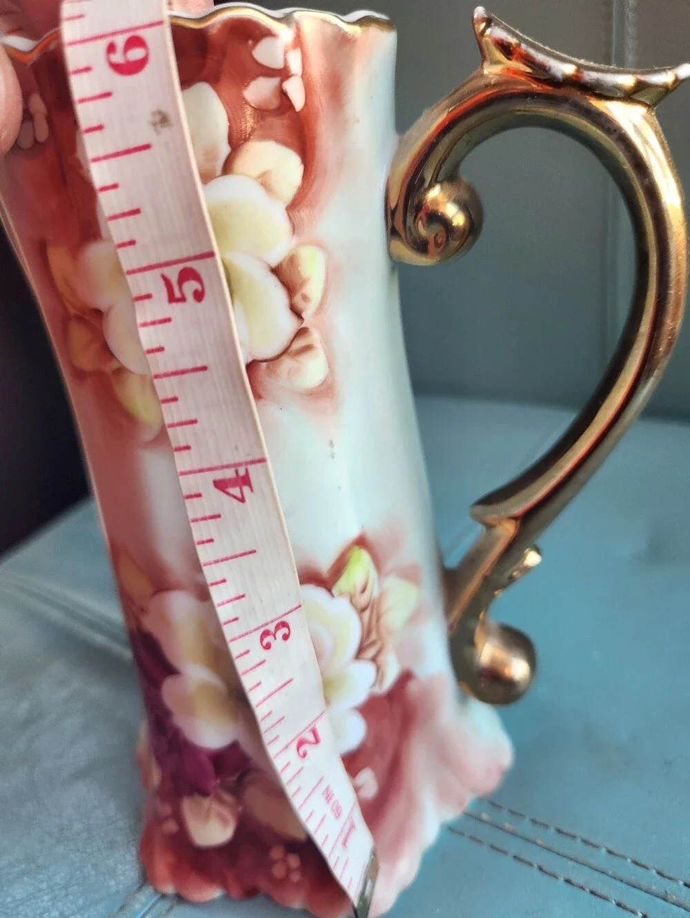 VTG NIPPON Hand Painted Pitcher JAPAN Floral Pale Green PINKS Vase Gold Trim EVC